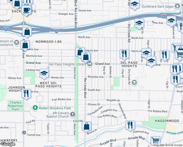 map of restaurants, bars, coffee shops, grocery stores, and more near 3716 Cypress Street in Sacramento