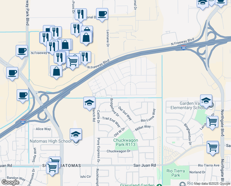 map of restaurants, bars, coffee shops, grocery stores, and more near 18 Bridgehome Court in Sacramento
