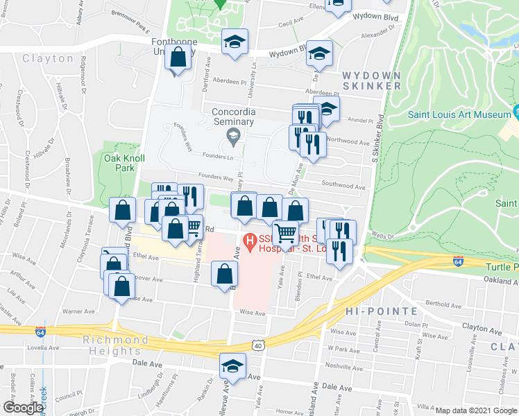 map of restaurants, bars, coffee shops, grocery stores, and more near in Clayton