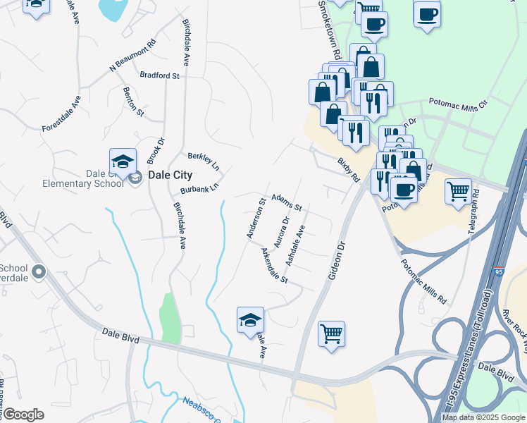 map of restaurants, bars, coffee shops, grocery stores, and more near 14605 Anderson Street in Woodbridge