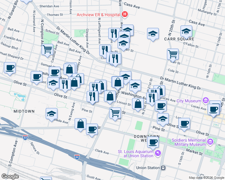 map of restaurants, bars, coffee shops, grocery stores, and more near 2615 Washington Avenue in St. Louis