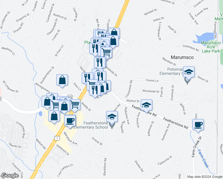 map of restaurants, bars, coffee shops, grocery stores, and more near 1740 Featherstone Road in Woodbridge
