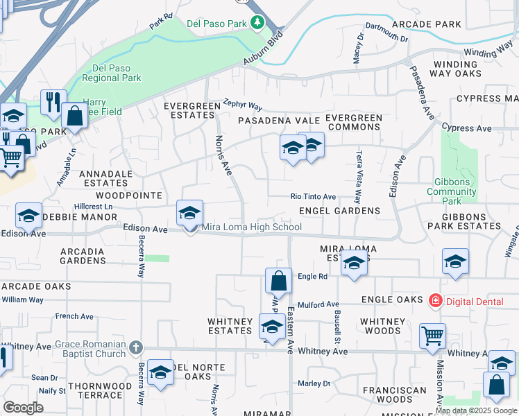 map of restaurants, bars, coffee shops, grocery stores, and more near 3835 Spencer Way in Sacramento