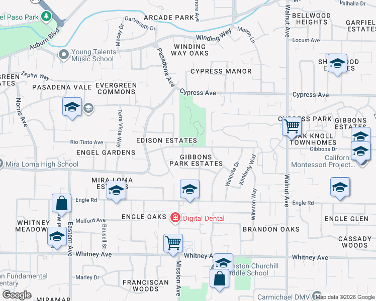 map of restaurants, bars, coffee shops, grocery stores, and more near 4716 Gibbons Drive in Carmichael