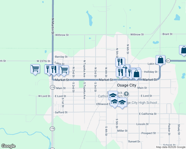 map of restaurants, bars, coffee shops, grocery stores, and more near 281 Holliday Street in Osage City
