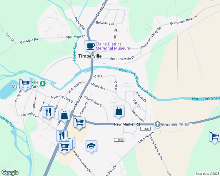 map of restaurants, bars, coffee shops, grocery stores, and more near 197 Maple Avenue in Timberville