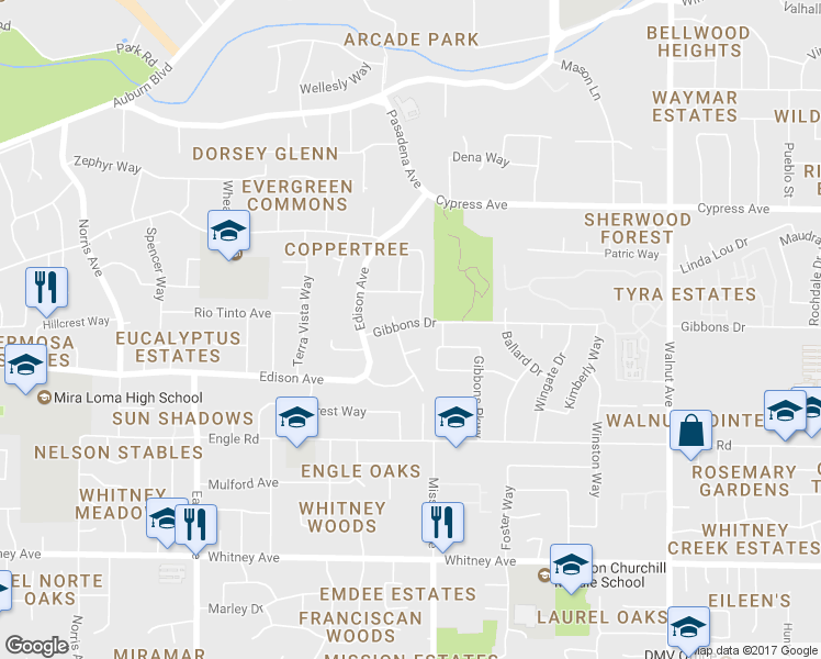 map of restaurants, bars, coffee shops, grocery stores, and more near 4636 Gibbons Drive in Sacramento