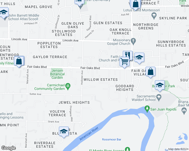 map of restaurants, bars, coffee shops, grocery stores, and more near 3940 Wisteria Lane in Carmichael