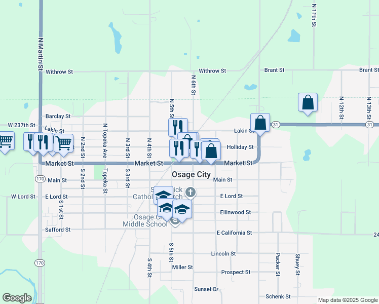 map of restaurants, bars, coffee shops, grocery stores, and more near 115 North 6th Street in Osage City
