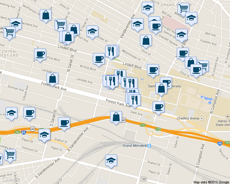 map of restaurants, bars, coffee shops, grocery stores, and more near 3810 Laclede Avenue in St. Louis