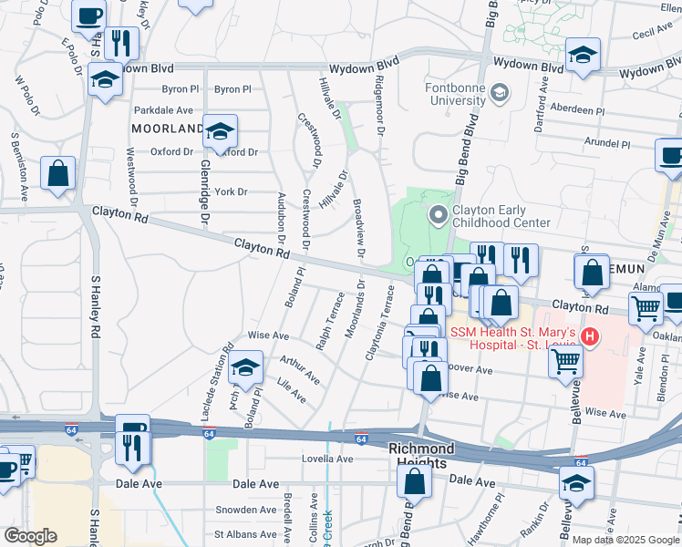 map of restaurants, bars, coffee shops, grocery stores, and more near 7240 Clayton Road in Clayton