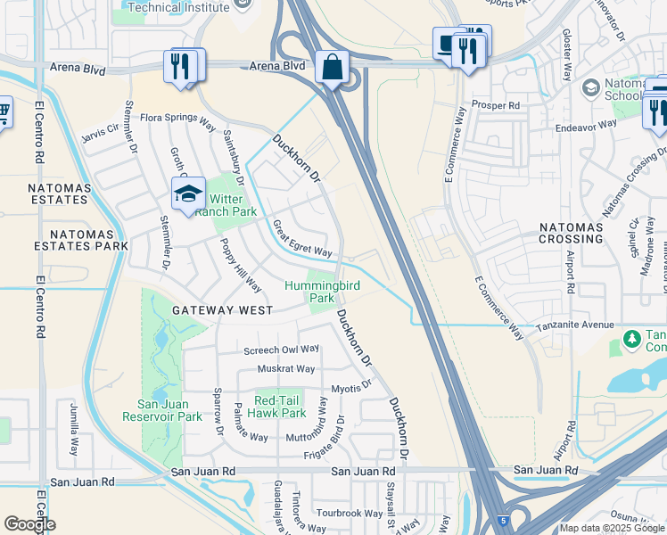 map of restaurants, bars, coffee shops, grocery stores, and more near 3600 Saintsbury Drive in Sacramento