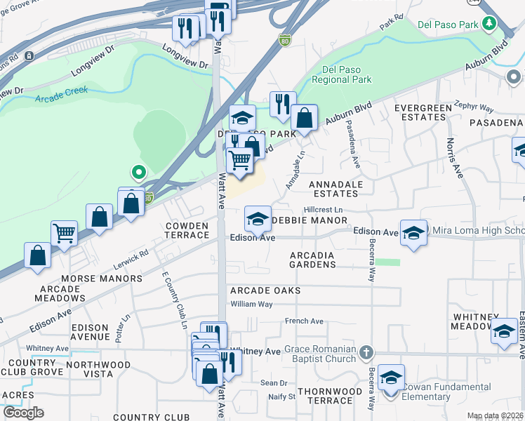 map of restaurants, bars, coffee shops, grocery stores, and more near 3831 Annadale Lane in Sacramento