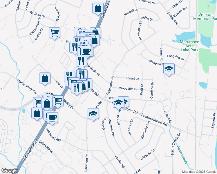 map of restaurants, bars, coffee shops, grocery stores, and more near 14688 Colchester Road in Woodbridge