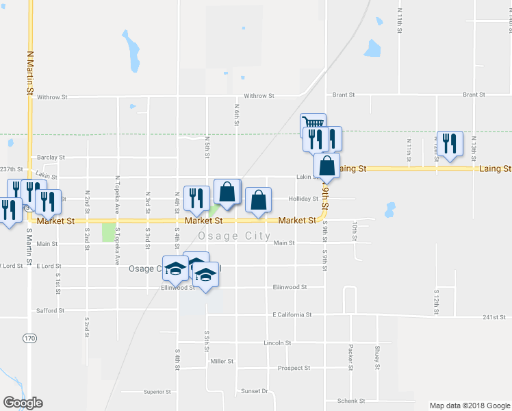 map of restaurants, bars, coffee shops, grocery stores, and more near 630 Holliday Street in Osage City