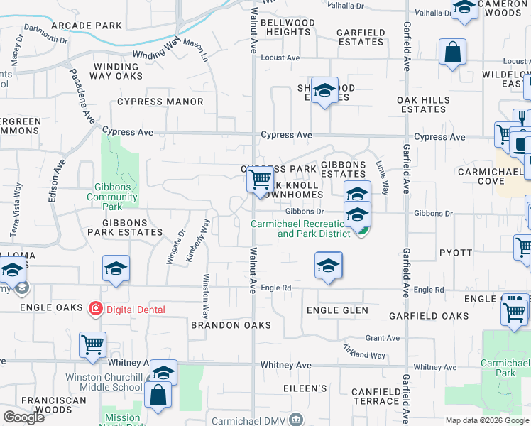 map of restaurants, bars, coffee shops, grocery stores, and more near 5112 Gibbons Drive in Carmichael