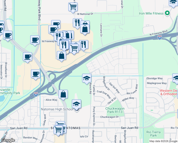 map of restaurants, bars, coffee shops, grocery stores, and more near Bridgegate Way in Sacramento