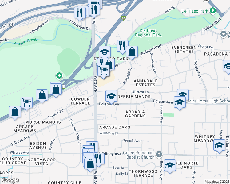 map of restaurants, bars, coffee shops, grocery stores, and more near 3831 Annadale Lane in Sacramento
