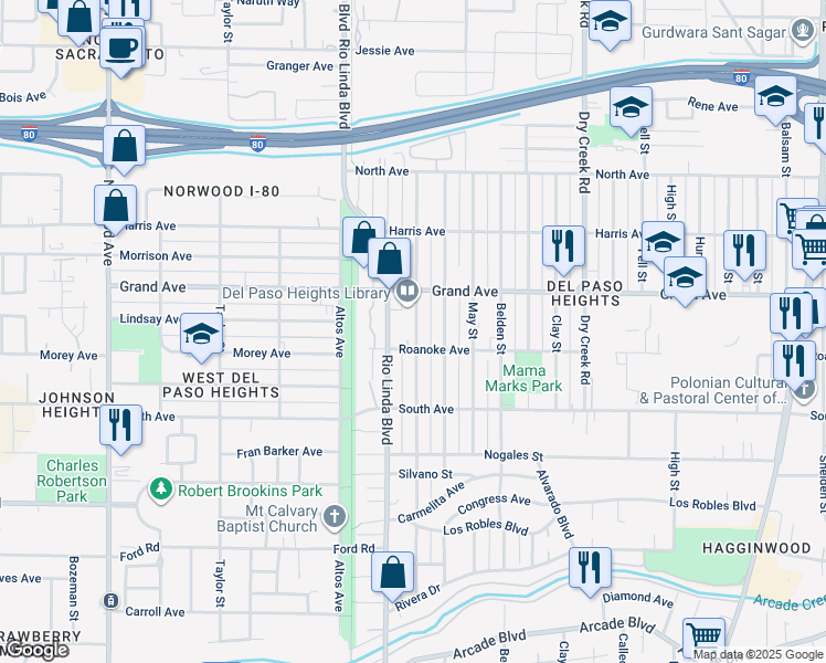 map of restaurants, bars, coffee shops, grocery stores, and more near 3716 Cypress Street in Sacramento