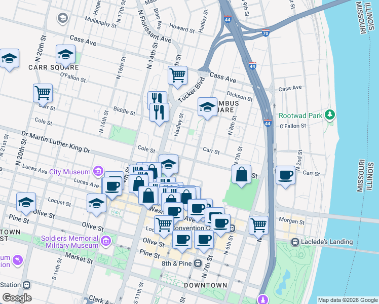 map of restaurants, bars, coffee shops, grocery stores, and more near 1018 North 11th Street in St. Louis