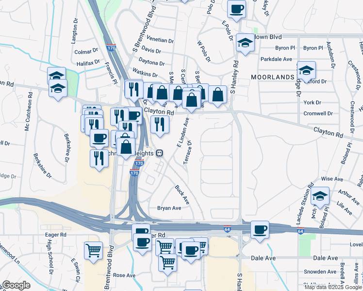 map of restaurants, bars, coffee shops, grocery stores, and more near 1058 East Linden Avenue in Richmond Heights