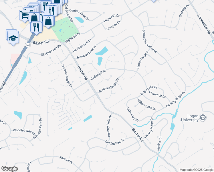 map of restaurants, bars, coffee shops, grocery stores, and more near 15615 Summer Ridge Drive in Chesterfield