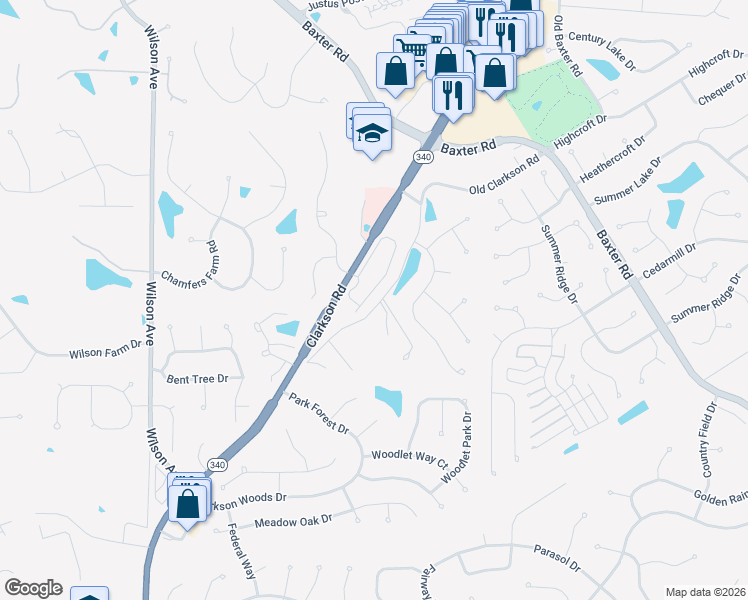 map of restaurants, bars, coffee shops, grocery stores, and more near 1990 Chesterfield Ridge Circle in Chesterfield