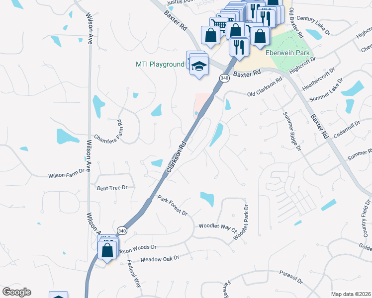 map of restaurants, bars, coffee shops, grocery stores, and more near 1990 Chesterfield Ridge Circle in Chesterfield