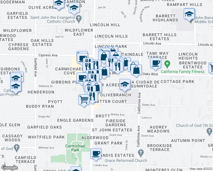 map of restaurants, bars, coffee shops, grocery stores, and more near 5940 Don Way in Carmichael