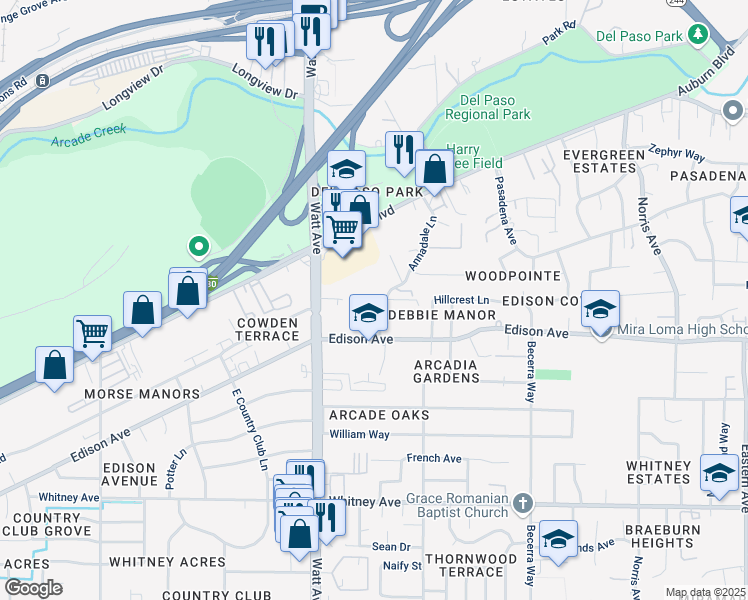 map of restaurants, bars, coffee shops, grocery stores, and more near 3831 Annadale Lane in Sacramento