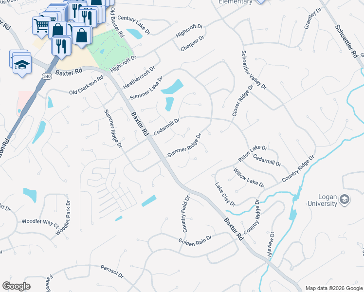 map of restaurants, bars, coffee shops, grocery stores, and more near 15615 Summer Ridge Drive in Chesterfield