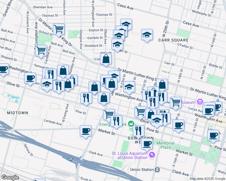 map of restaurants, bars, coffee shops, grocery stores, and more near 706 North Jefferson Avenue in St. Louis
