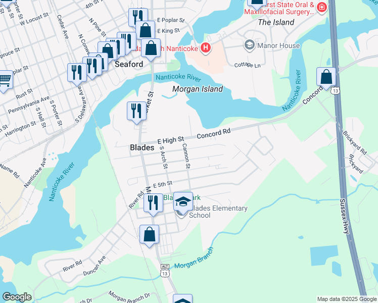 map of restaurants, bars, coffee shops, grocery stores, and more near 201 East 2nd Street in Seaford