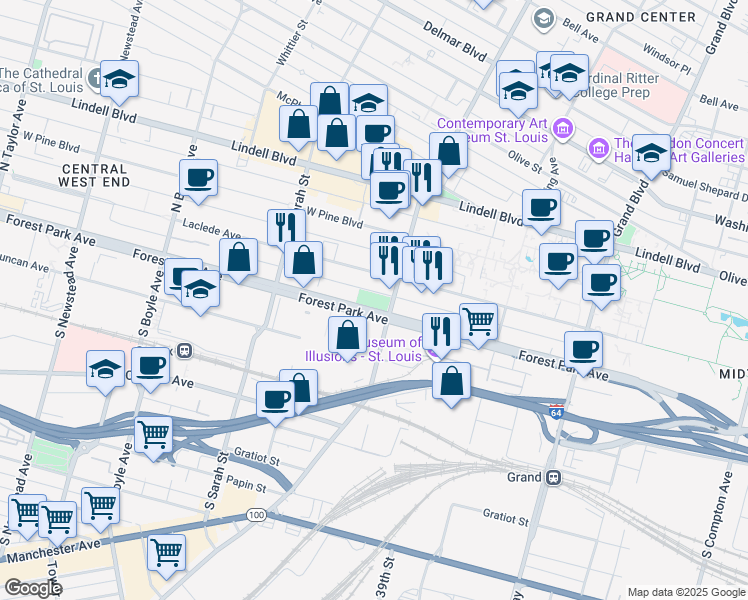 map of restaurants, bars, coffee shops, grocery stores, and more near 3901 Forest Park Avenue in St. Louis