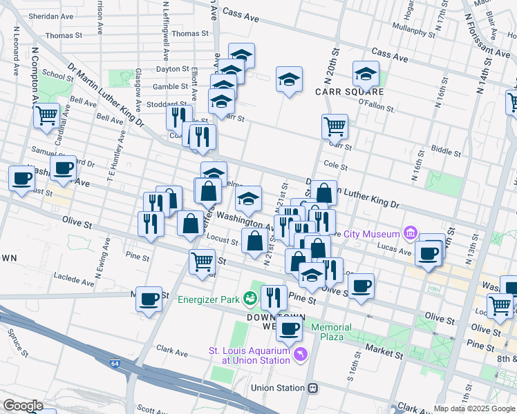 map of restaurants, bars, coffee shops, grocery stores, and more near 700 North 22nd Street in St. Louis