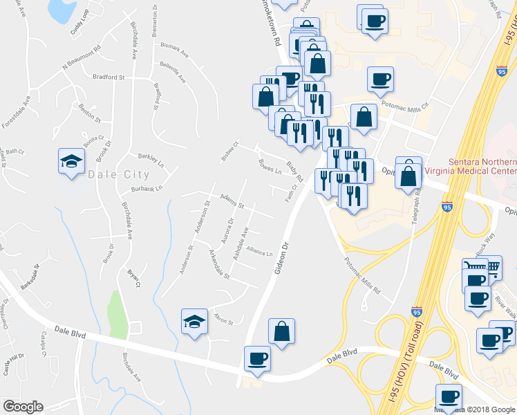 map of restaurants, bars, coffee shops, grocery stores, and more near 14603 Ashdale Avenue in Woodbridge