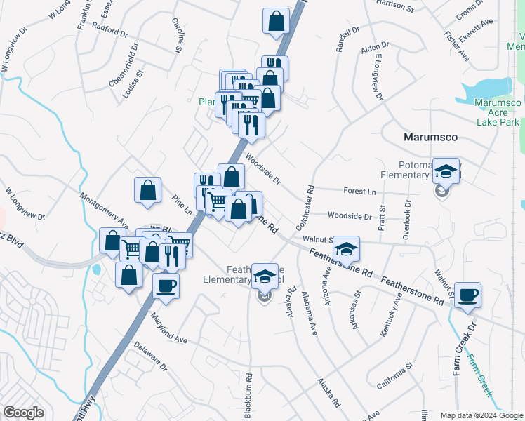 map of restaurants, bars, coffee shops, grocery stores, and more near 1744 Featherstone Road in Woodbridge