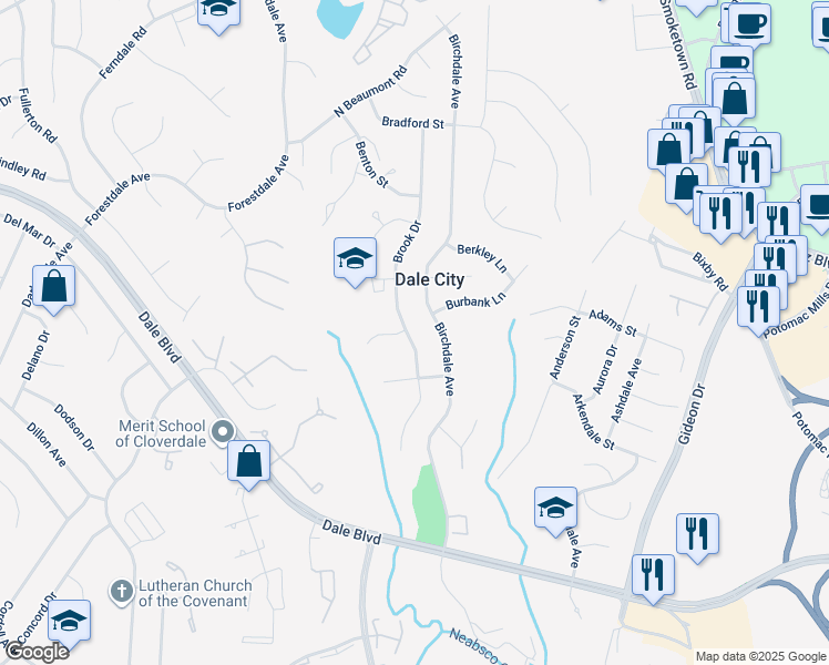 map of restaurants, bars, coffee shops, grocery stores, and more near 14601 Brook Drive in Woodbridge