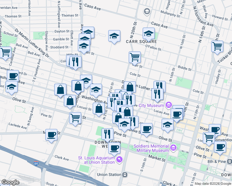 map of restaurants, bars, coffee shops, grocery stores, and more near 2020 Delmar Boulevard in Saint Louis