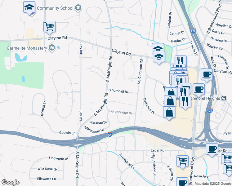 map of restaurants, bars, coffee shops, grocery stores, and more near 10 Thorndell Drive in Richmond Heights