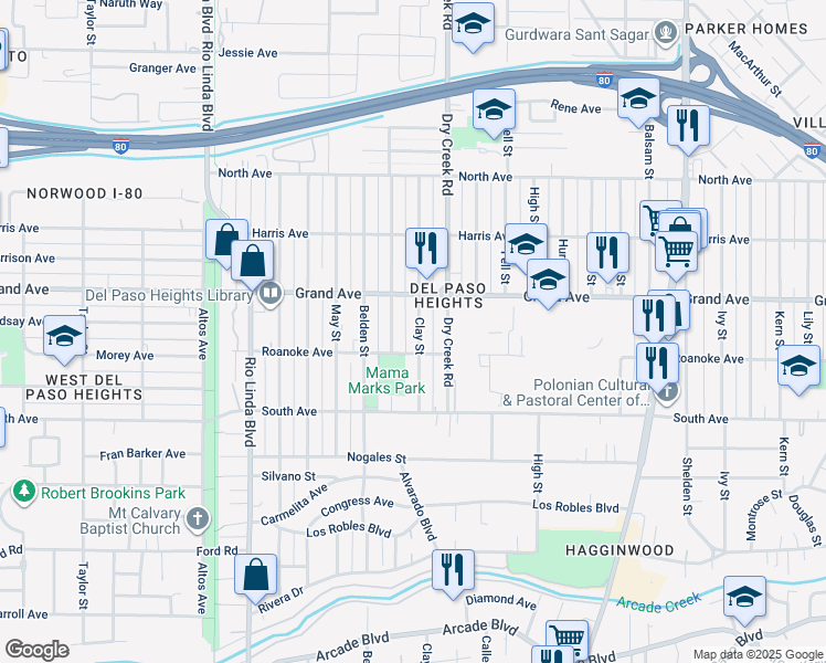 map of restaurants, bars, coffee shops, grocery stores, and more near 3717 Clay Street in Sacramento