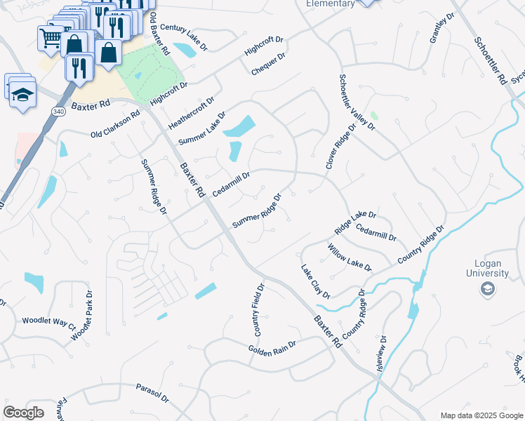 map of restaurants, bars, coffee shops, grocery stores, and more near 15615 Summer Ridge Drive in Chesterfield
