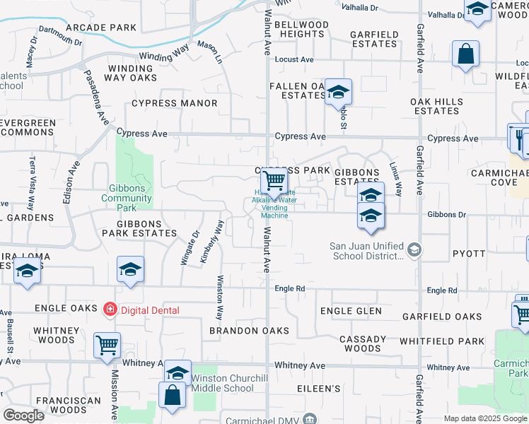 map of restaurants, bars, coffee shops, grocery stores, and more near 3939 Walnut Avenue in Carmichael