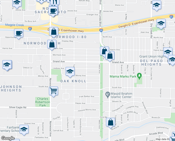 map of restaurants, bars, coffee shops, grocery stores, and more near 700 Lindsay Avenue in Sacramento