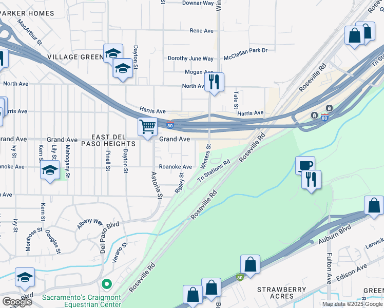 map of restaurants, bars, coffee shops, grocery stores, and more near 3721 Cameron Road in Sacramento