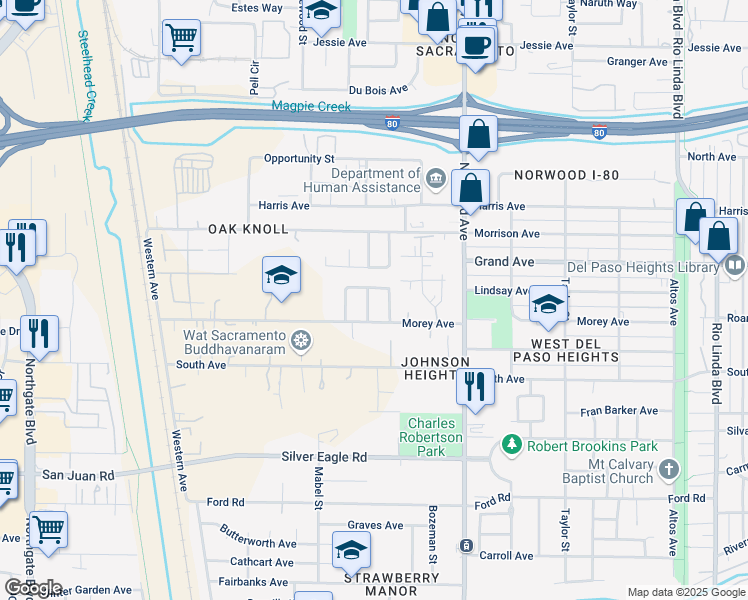 map of restaurants, bars, coffee shops, grocery stores, and more near 3712 Laverton Way in Sacramento
