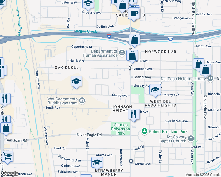 map of restaurants, bars, coffee shops, grocery stores, and more near 3716 Didcot Circle in Sacramento