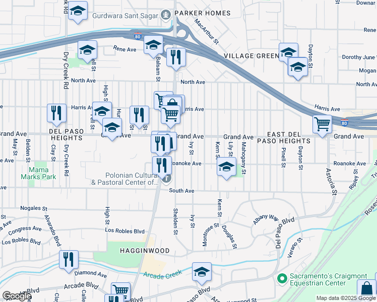 map of restaurants, bars, coffee shops, grocery stores, and more near 3719 Ivy Street in Sacramento