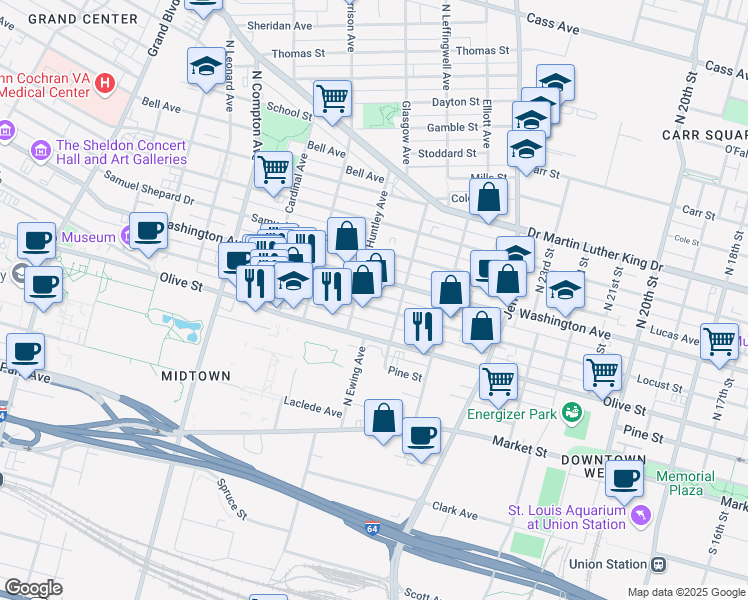 map of restaurants, bars, coffee shops, grocery stores, and more near 2827 Locust St in St Louis
