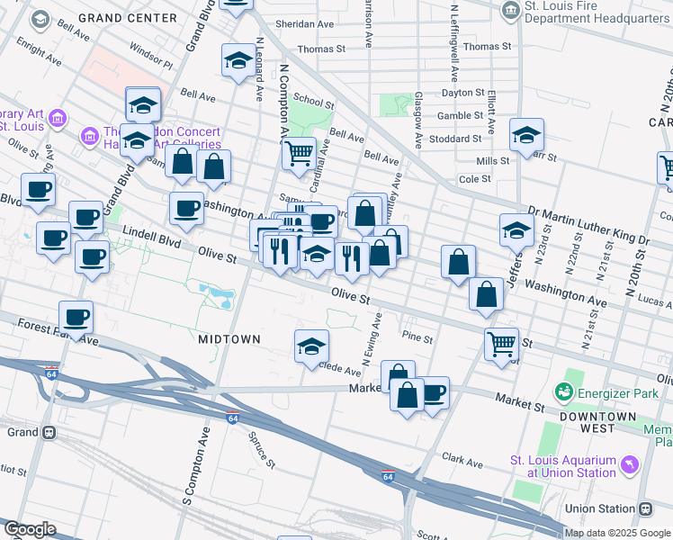 map of restaurants, bars, coffee shops, grocery stores, and more near 3000 Locust Street in St. Louis